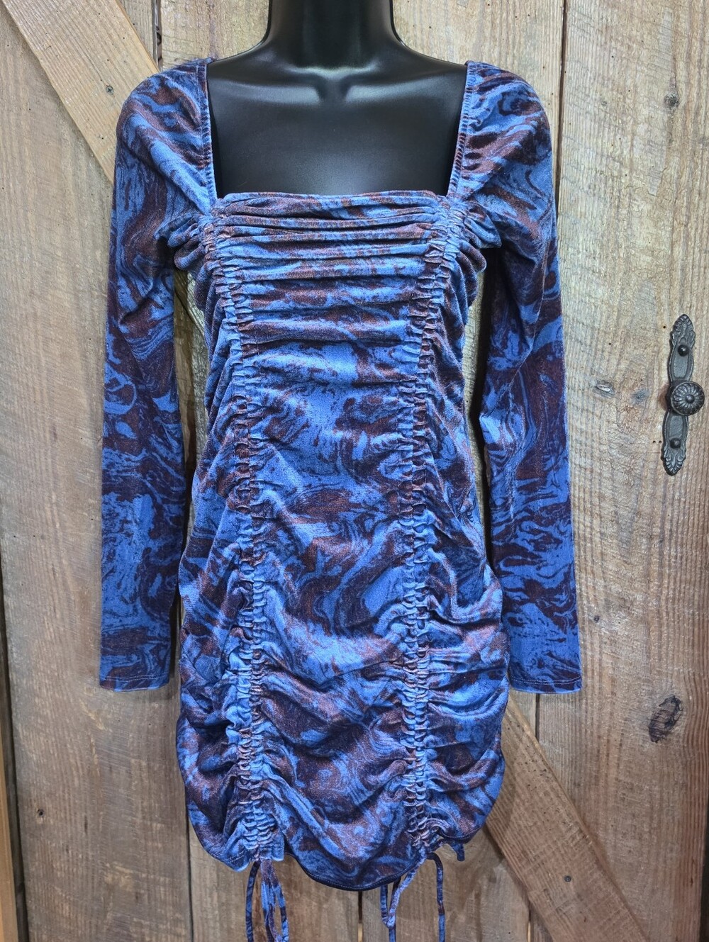 Wild Fable Ladies Small Blue/Purple Marble Ruched Mini Dress Long Sleeve EUC